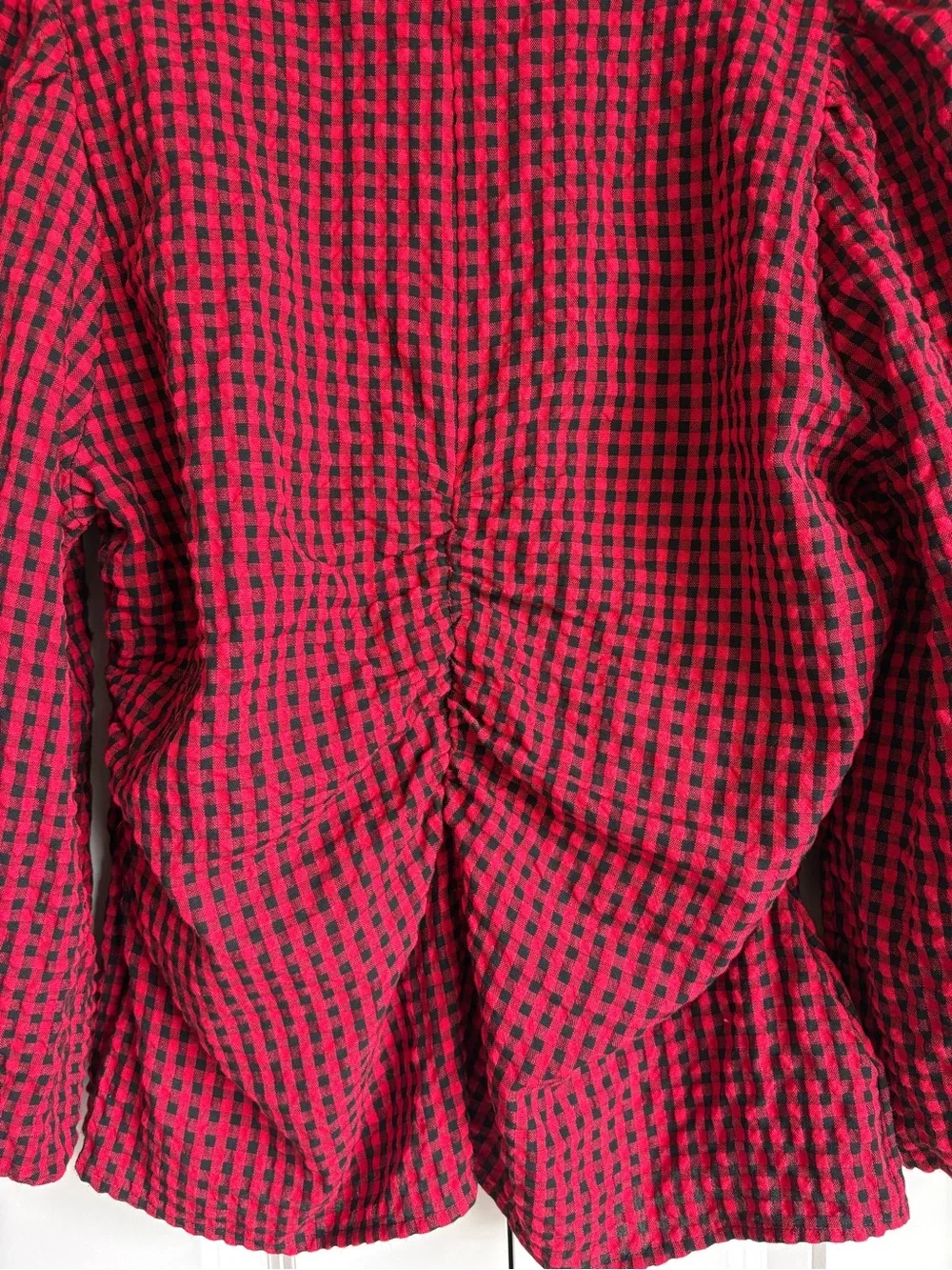 LOFT Gingham Gathered Square Neck Top Red Black Puff Sleeve Blouse Size 8 Picnic